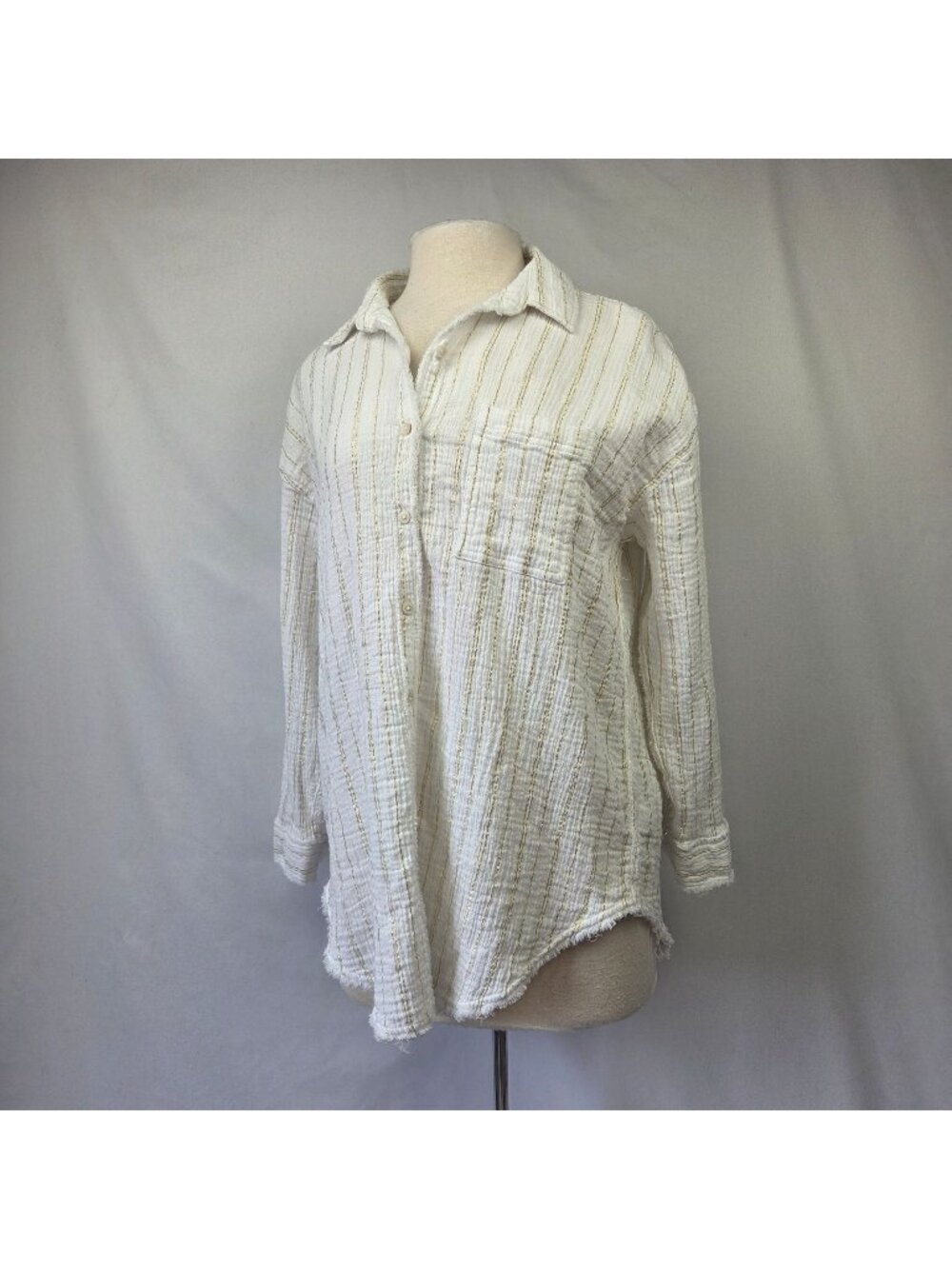 Aerie Gauzy Over Sized Cover Up Shirt White & Gold Size XS